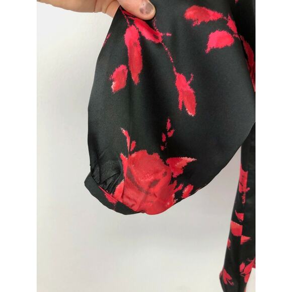 TALBOTS Petite M PM Floral Satin Blouse Long Sleeve Top Keyhole Neck Black Red - Picture 7 of 9